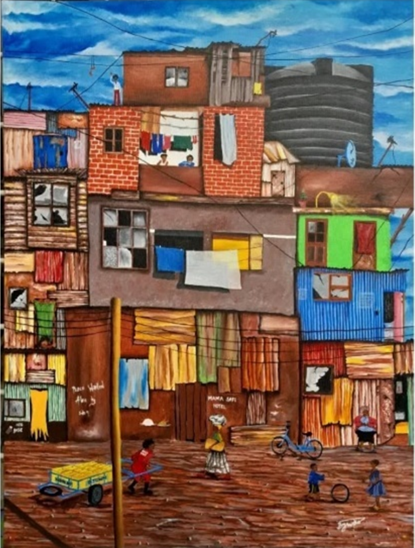 Brian Gwako - The Worl is Ghetto - modernes Gemälde aus Afrika - Kibera (Nairobi)