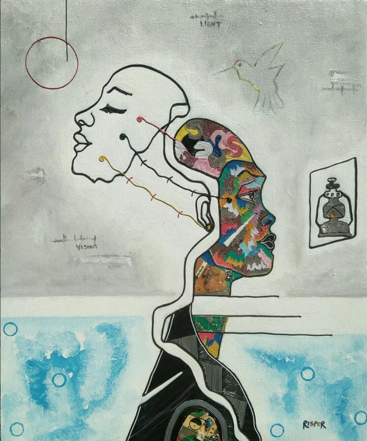 Risper Achieng - Vision From a Far - moderne Kunst aus Elektroschrott und Acryl auf Leinwand